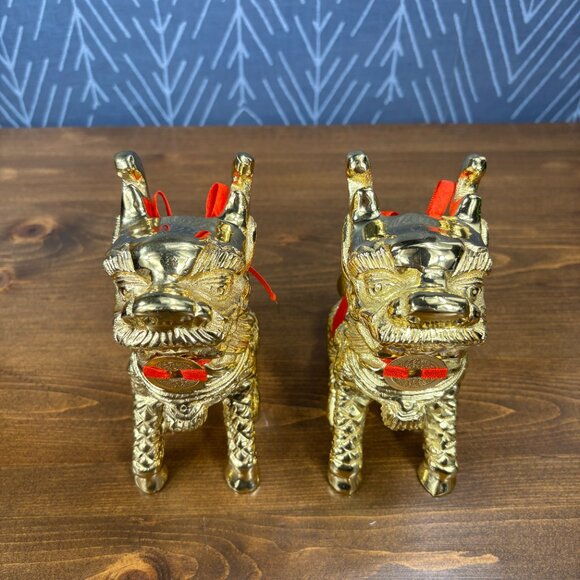 Gold Pixiu Statues Feng Shui Decor Pair of Chinese Dragon Lion Guardian Figures - Picture 3 of 14